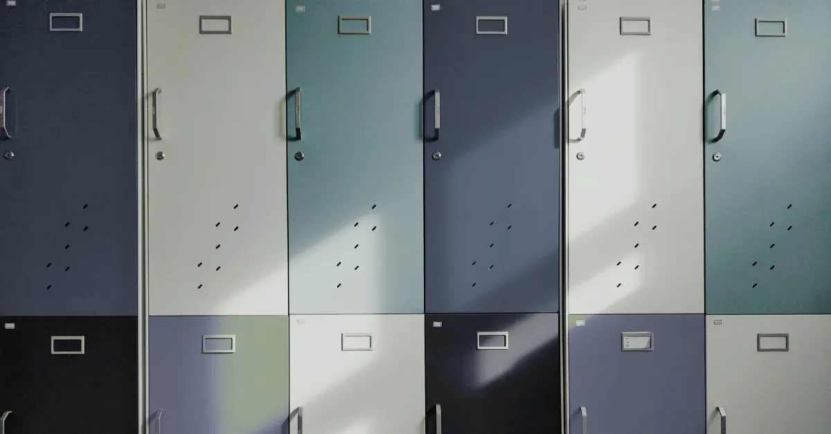 A group of cool colored lockers in a school
